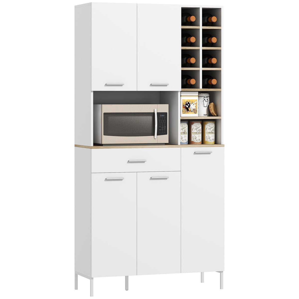 HOMCOM Küchenschrank mit offenen Regalen, Fächern, Weinregal, Vorratsschrank mit 5 Schranktüren, MDF, Weiß