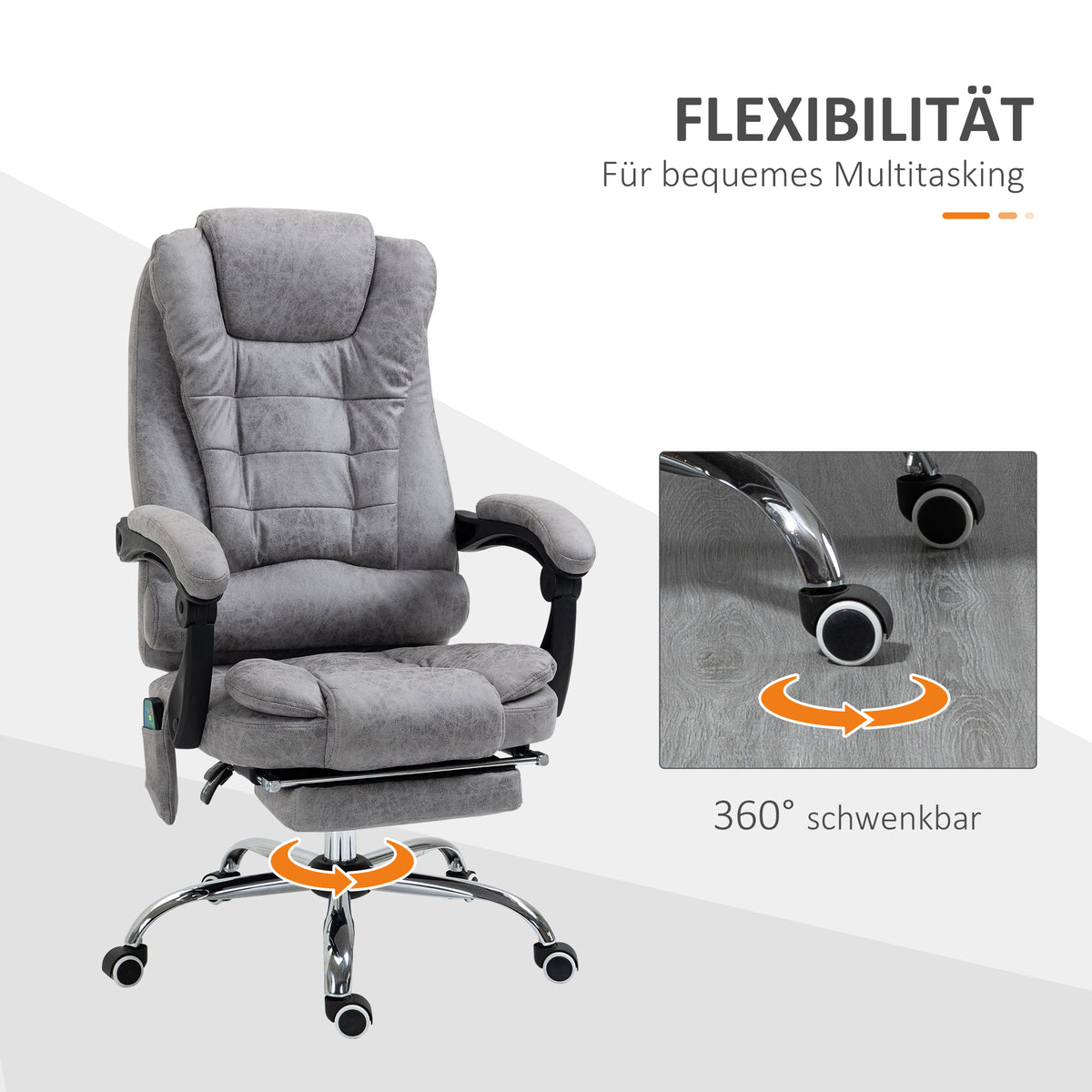 Vinsetto Bürostuhl mit Massagefunktion, Ergonomischer Schreibtischstuhl mit Liege- & Wärmefunktion, Fernbedienung, Grau