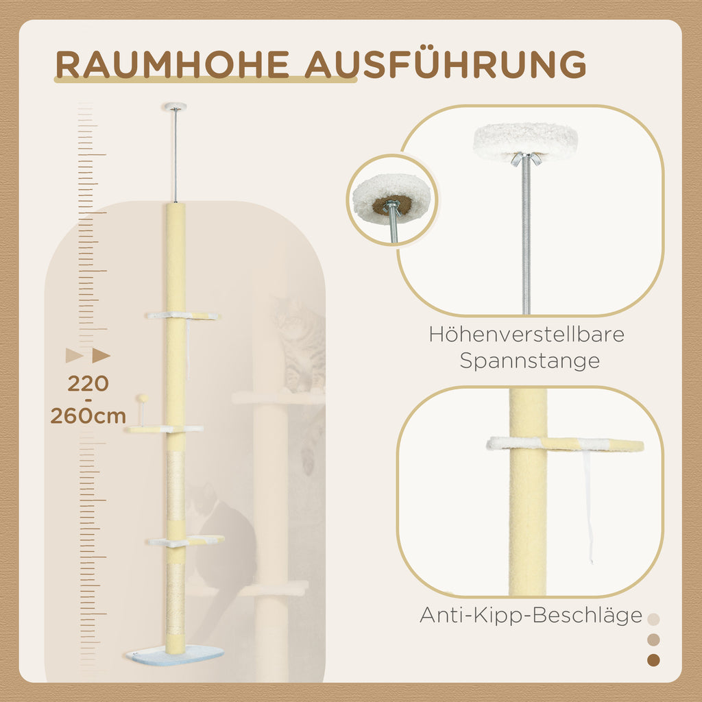 PawHut Höhenverstellbarer Kratzbaum, Anti-Rutsch, Sisalseil-Pfosten, 220-260H x 47L x 34W cm, Gelb/Weiß/Blau