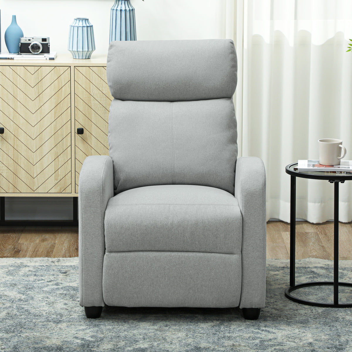 HOMCOM Relaxsessel, verstellbar 135°, ausziehbare Fußstütze, gepolsterte Lehnen, Leinen-Polyester, Hellgrau