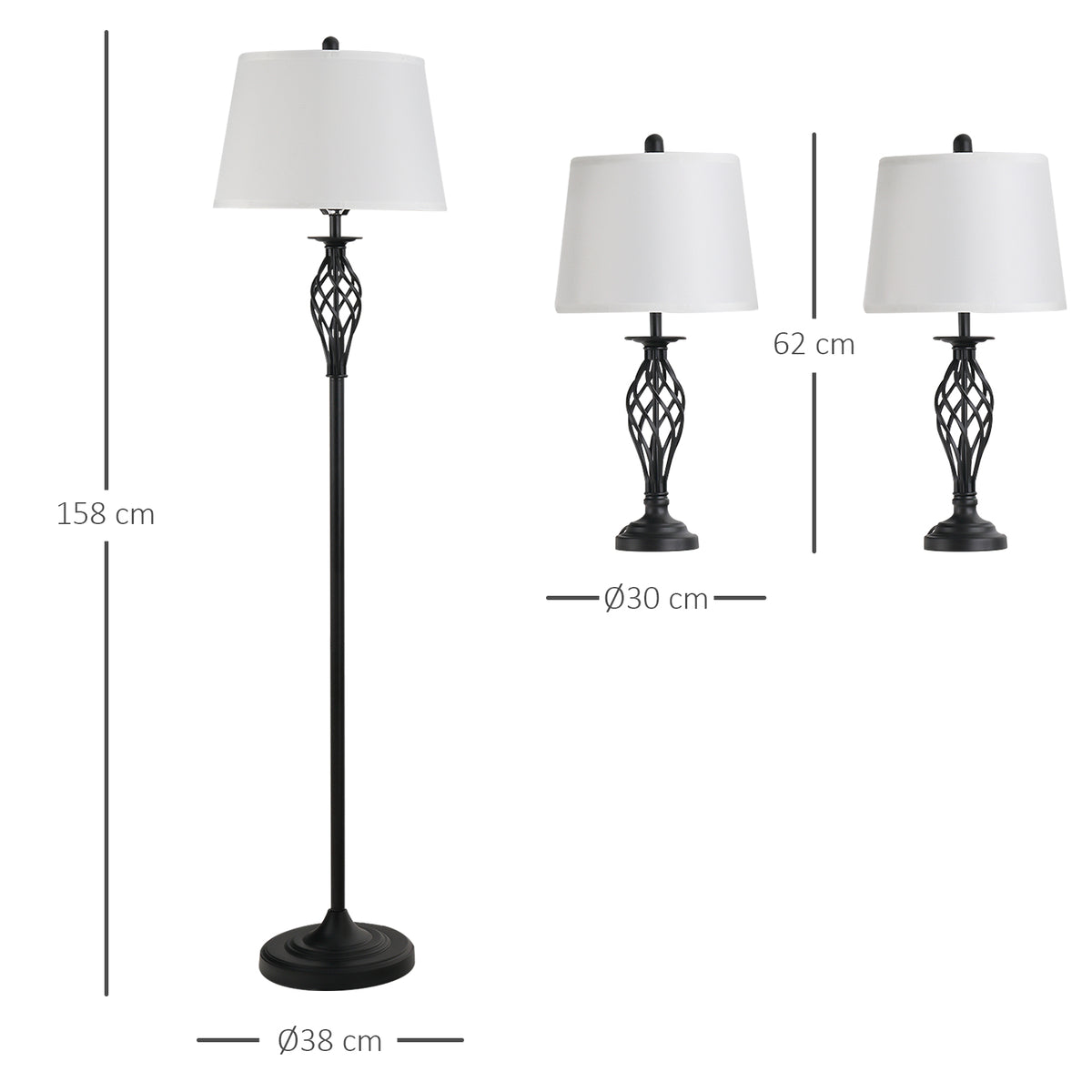 HOMCOM 3er-Lampenset 2 Tischlampe(ø38 x 158H cm) + 1 Stehlampe(ø30 x 62H cm) Metall, PS, Polyester, Baumwolle, Vintage, Schwarz+Weiß