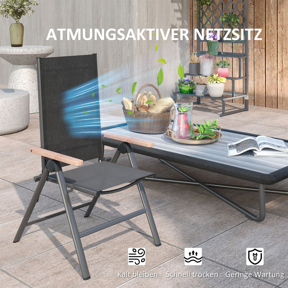 Outsunny Gartenstuhl aus Stahl Klappstuhl mit Armlehnen klappbar Balkonstuhl 120kg Belastbar 60 x 73 x 108cm Schwarz