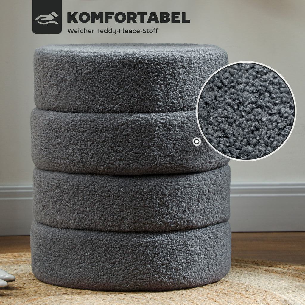 HOMCOM Hocker, rund, Teddyfleece, Metallgestell, bis 120kg, Φ40x45H cm, Dunkelgrau