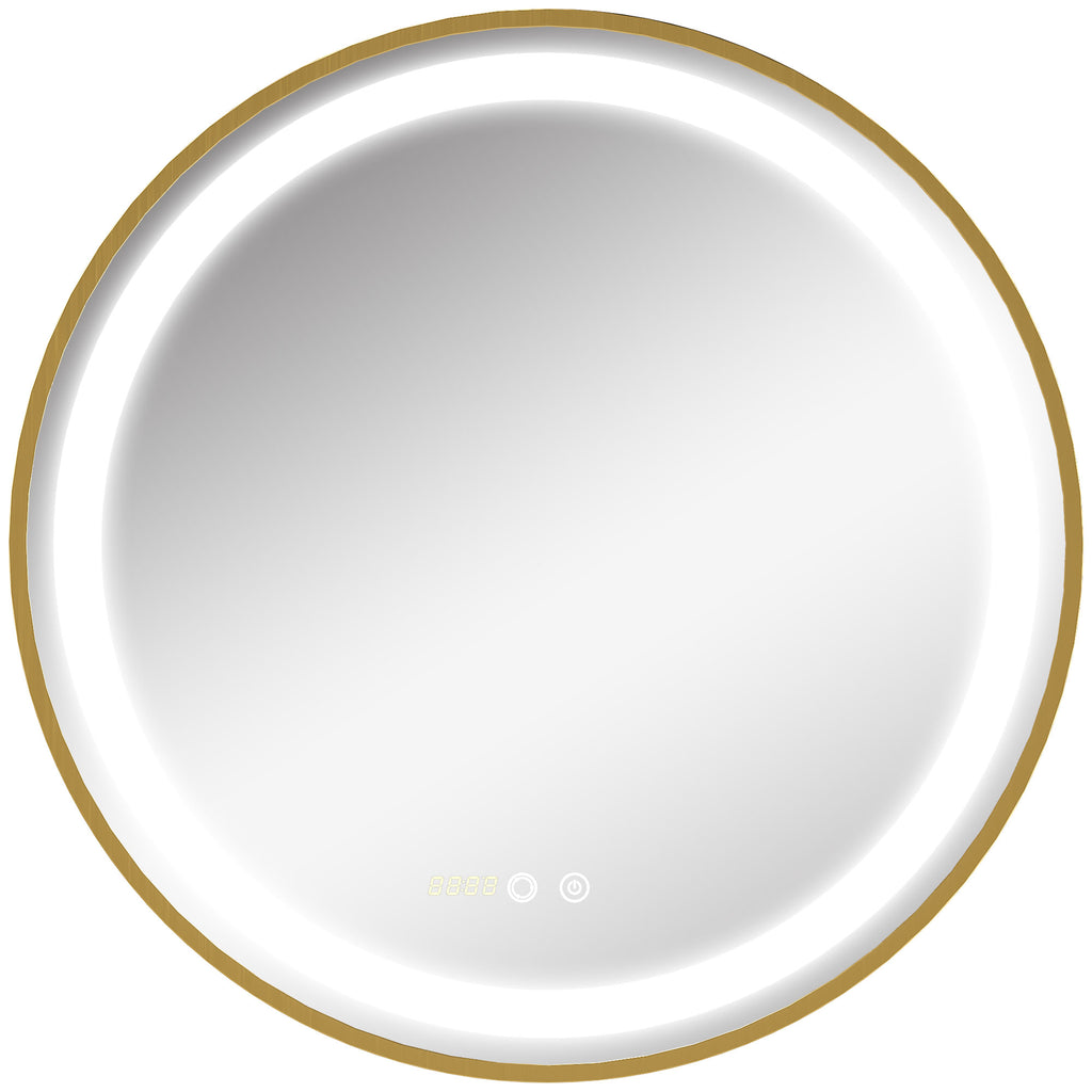 kleankin Runder Spiegel mit LED-Beleuchtung, Uhrzeitanzeige, Memoryfunktion, Gold + Silber