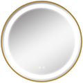 kleankin Runder Spiegel mit LED-Beleuchtung, Uhrzeitanzeige, Memoryfunktion, Gold + Silber