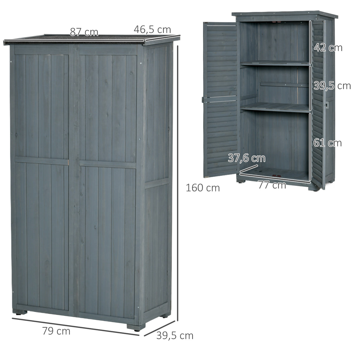 Outsunny Gartenschrank Holz Gerätehaus Geräteschuppen Geräteschrank Holzhütte Pultdach Bitumenpappe Lamellentüren Grau 87 x 46,5 x 160 cm