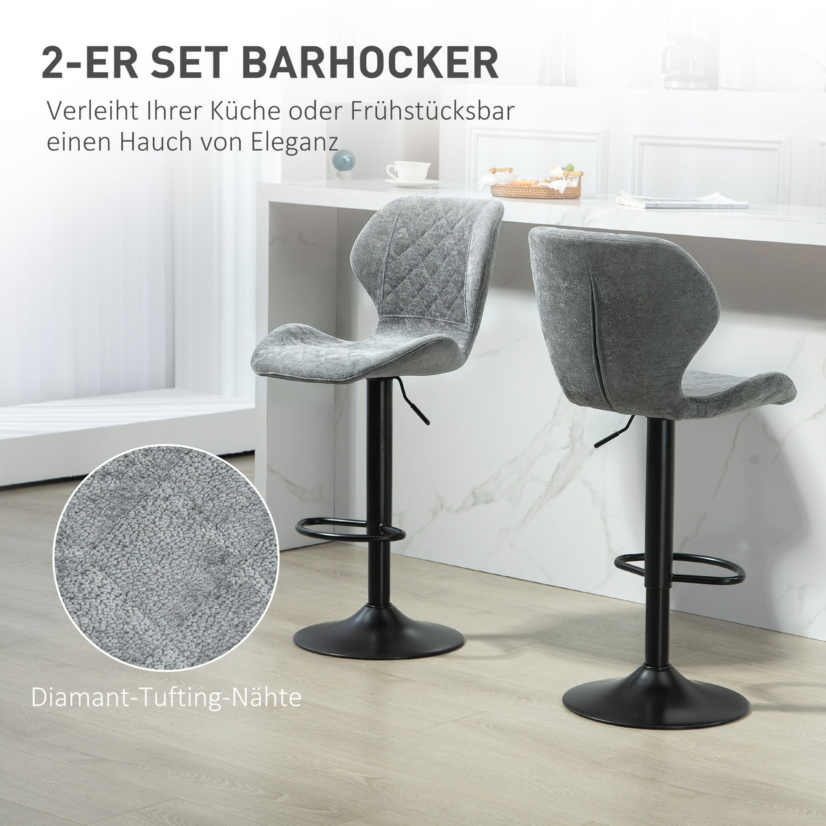 HOMCOM Barstühle im 2er-Set, Höhenverstellbare Küchenhocker mit Rückenlehne, Gaslift, Fußstütze, drehbar, Grau