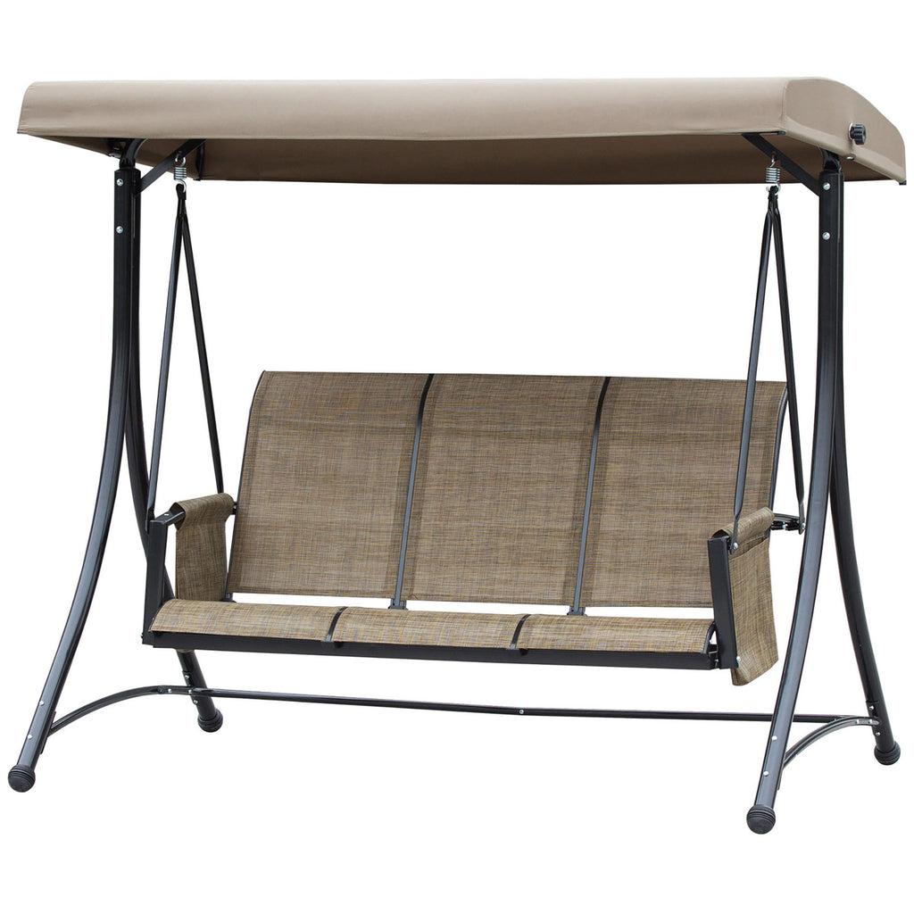 Outsunny 3-Sitzer Hollywoodschaukel, Gartenschaukel mit Sonnendach, Schaukelbank mit Ablage, Aluminium, 196 x 128 x 172 cm, Braun