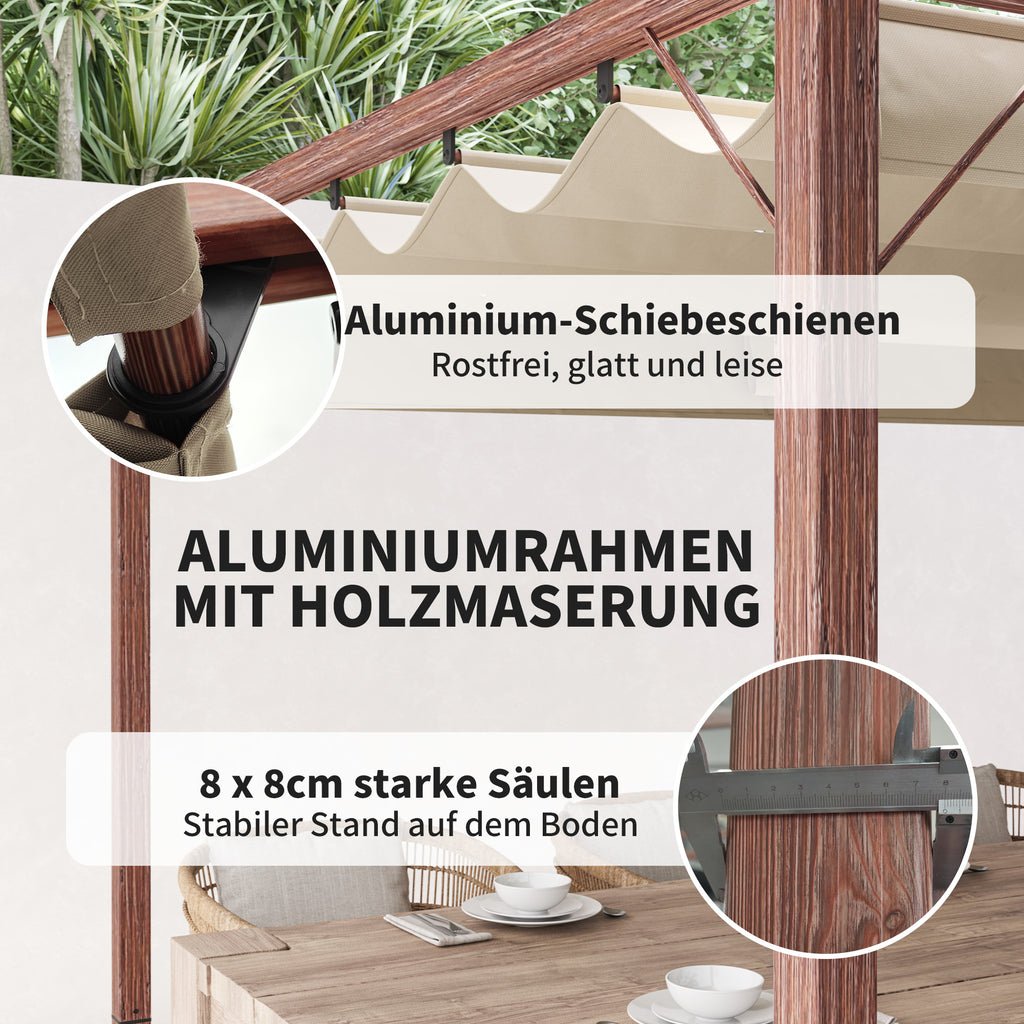Outsunny 3 x 4 m Garten-Pergola, Verstellbares Terrassendach, Aluminium-Rahmen, UPF30+ Sonnenschutz, Naturholz