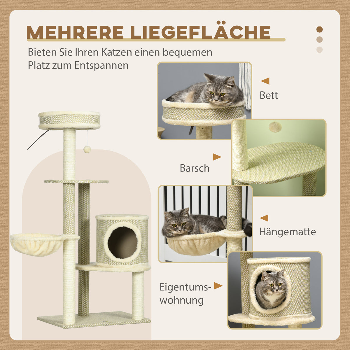 PawHut Kratzbaum Katzenbaum, 1 Katzenbett, 1 Katzenhöhle, 2 Liegeflächen, 124 cm x 59 cm x 40cm +Beige