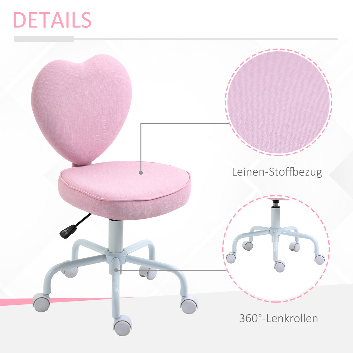 HOMCOM Drehstuhl, niedliches Herz-Design, höhenverstellbar, Stoffbezug in Leinenoptik, rosa, 40 x 50 x 79-89 cm