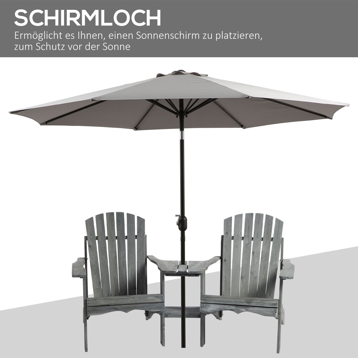 Outsunny Adirondack Gartenstuhl mit Tisch und Schirmloch 2 Sitzer Gartensessel Sitzgruppe Gartenmöbel für Balkon Massivholz Grau 178 x 87 x 92 cm
