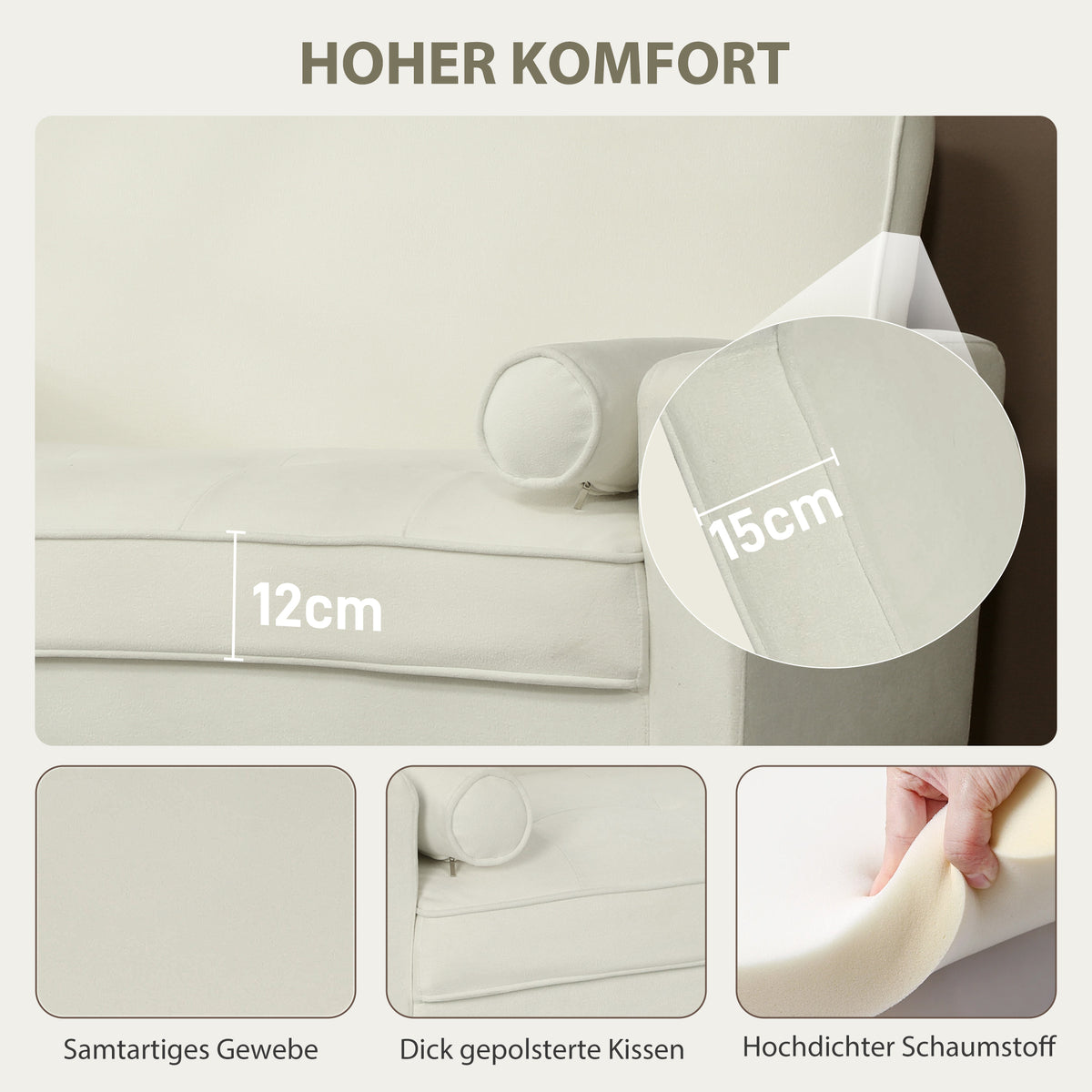 HOMCOM 2-Sitzer-Sofa, Doppelsitzsofa mit Kautschukholzbeinen, Polstersofa für Wohnzimmer, Schlafzimmer, Cremeweiß
