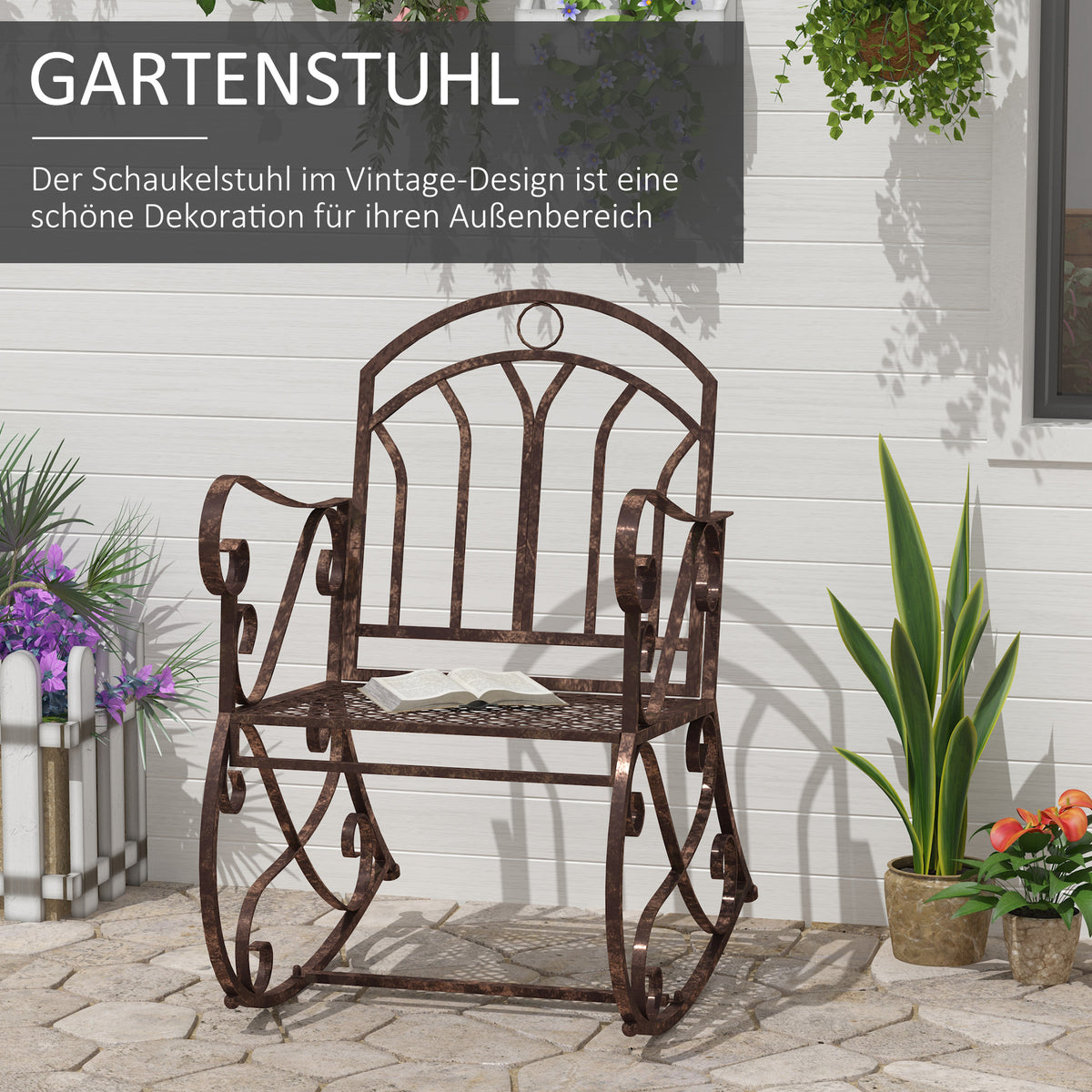 Outsunny Schaukelstuhl Gartenstuhl, Vintage-Design, 61cm x 79cm x 90cm, Braun + Schwarz
