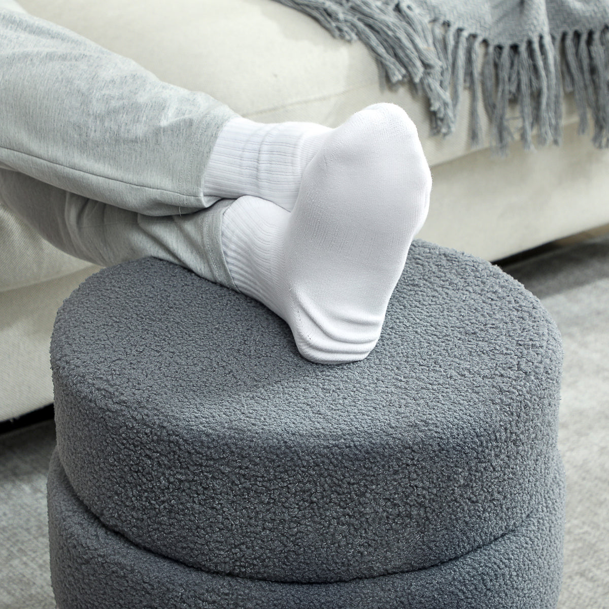 HOMCOM Hocker, rund, Teddyfleece, Metallgestell, bis 120kg, Φ40x45H cm, Dunkelgrau