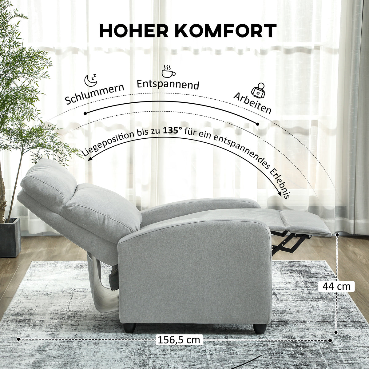 HOMCOM Relaxsessel, verstellbar 135°, ausziehbare Fußstütze, gepolsterte Lehnen, Leinen-Polyester, Hellgrau