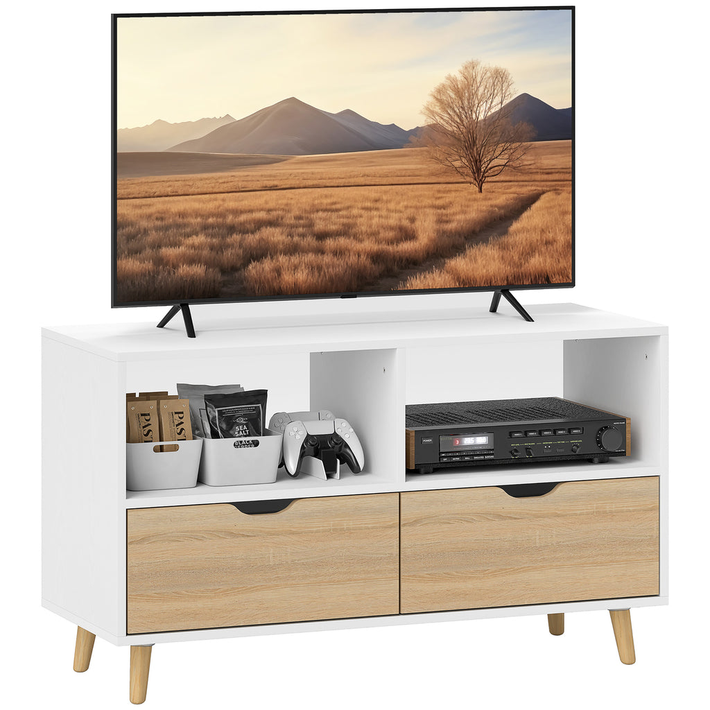 HOMCOM TV-Schrank, TV-Kommode mit Schubladen, Offene Regale, Holz, 99 x 39 x 58 cm, Weiß