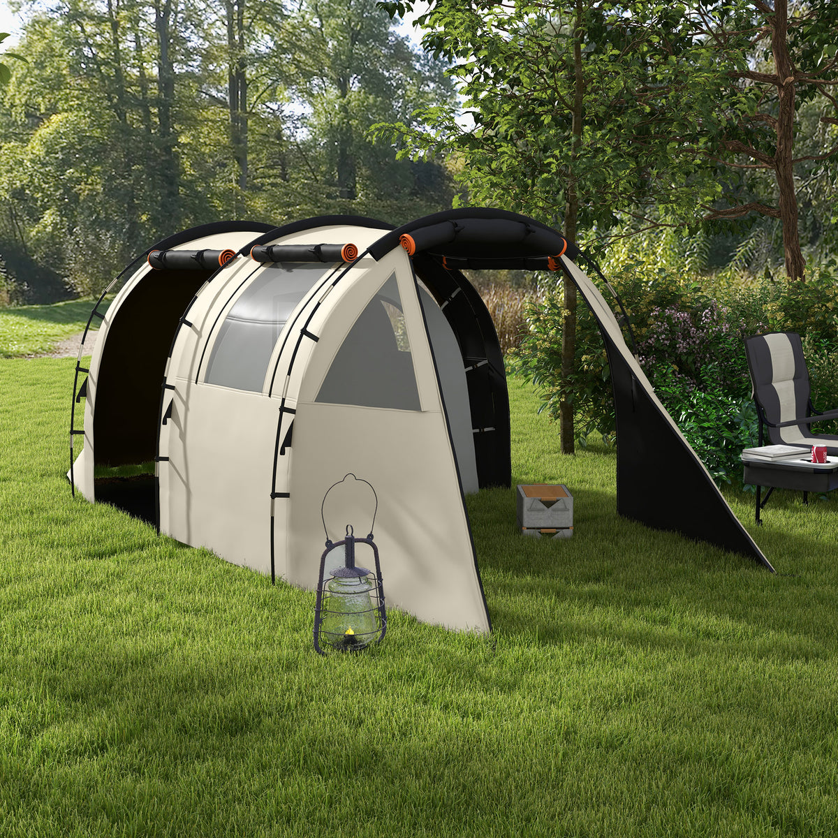 Outsunny Campingzelt für 4-5 Pers., abdunkelbare Fenster, wasserdicht, 180H x 460L x 230B cm, Khaki/Orange