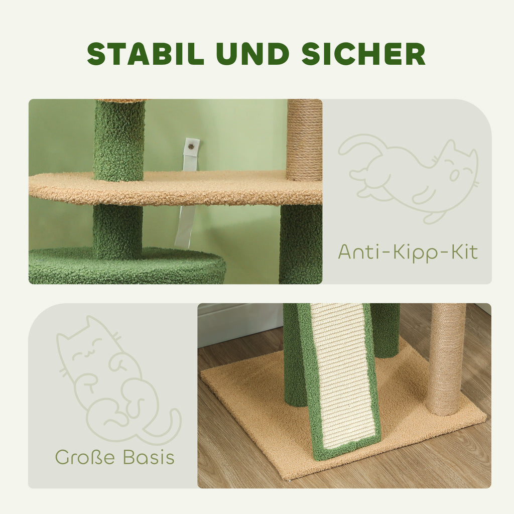 PawHut Kratzbaum, 139 cm Katzenbaum mit Höhle, Spielbällen, Sisal-Kratzpfosten und Plattformen, für zwei Katzen, Grün