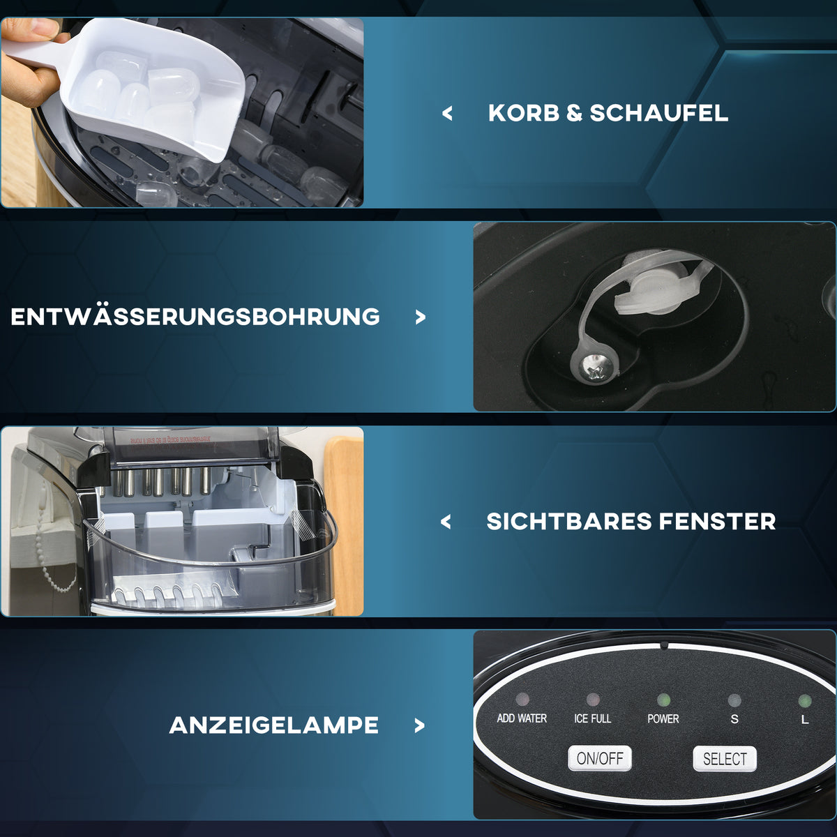 HOMCOM Eiswürfelmaschine Eiswürfelspender, Ice-Maker, 12kg/Tag, 9 Stück/ 6-12Minuten, Silber