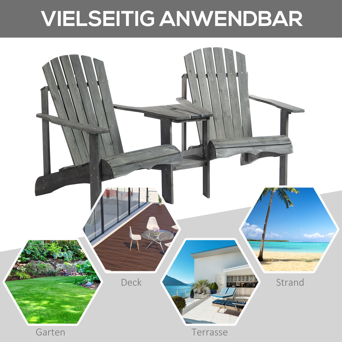 Outsunny Adirondack Gartenstuhl mit Tisch und Schirmloch 2 Sitzer Gartensessel Sitzgruppe Gartenmöbel für Balkon Massivholz Grau 178 x 87 x 92 cm