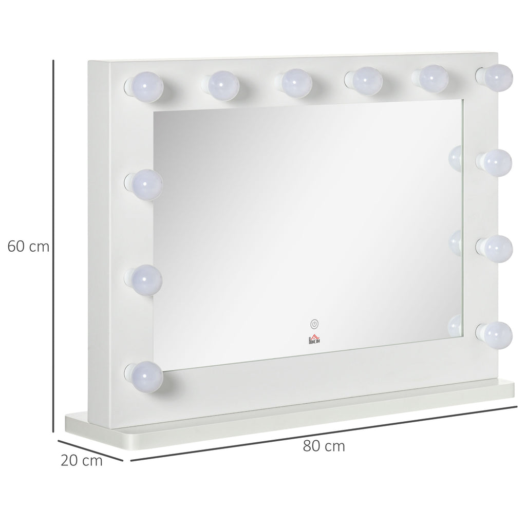 HOMCOM Hollywood Spiegel mit Beleuchtung, Touch-Steuerung, Memory-Funktion, 12 dimmbare LED-Lampen, weiß, 80 x 60 cm