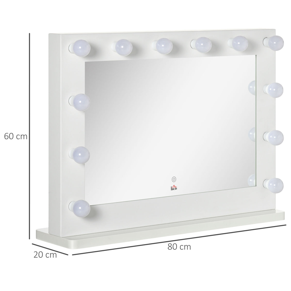 HOMCOM Hollywood Spiegel mit Beleuchtung, Touch-Steuerung, Memory-Funktion, 12 dimmbare LED-Lampen, weiß, 80 x 60 cm