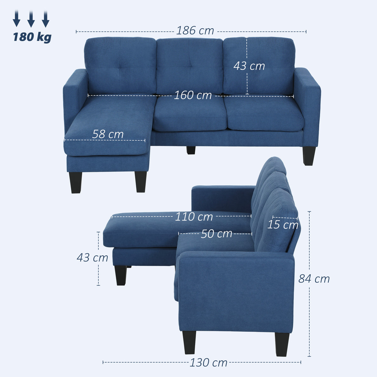 HOMCOM Ecksofa 3-Sitzer Chaiselongue rechts oder links verstellbar, Wohnzimmer, hoher Komfort, gepolsterte Rückenlehne, blau