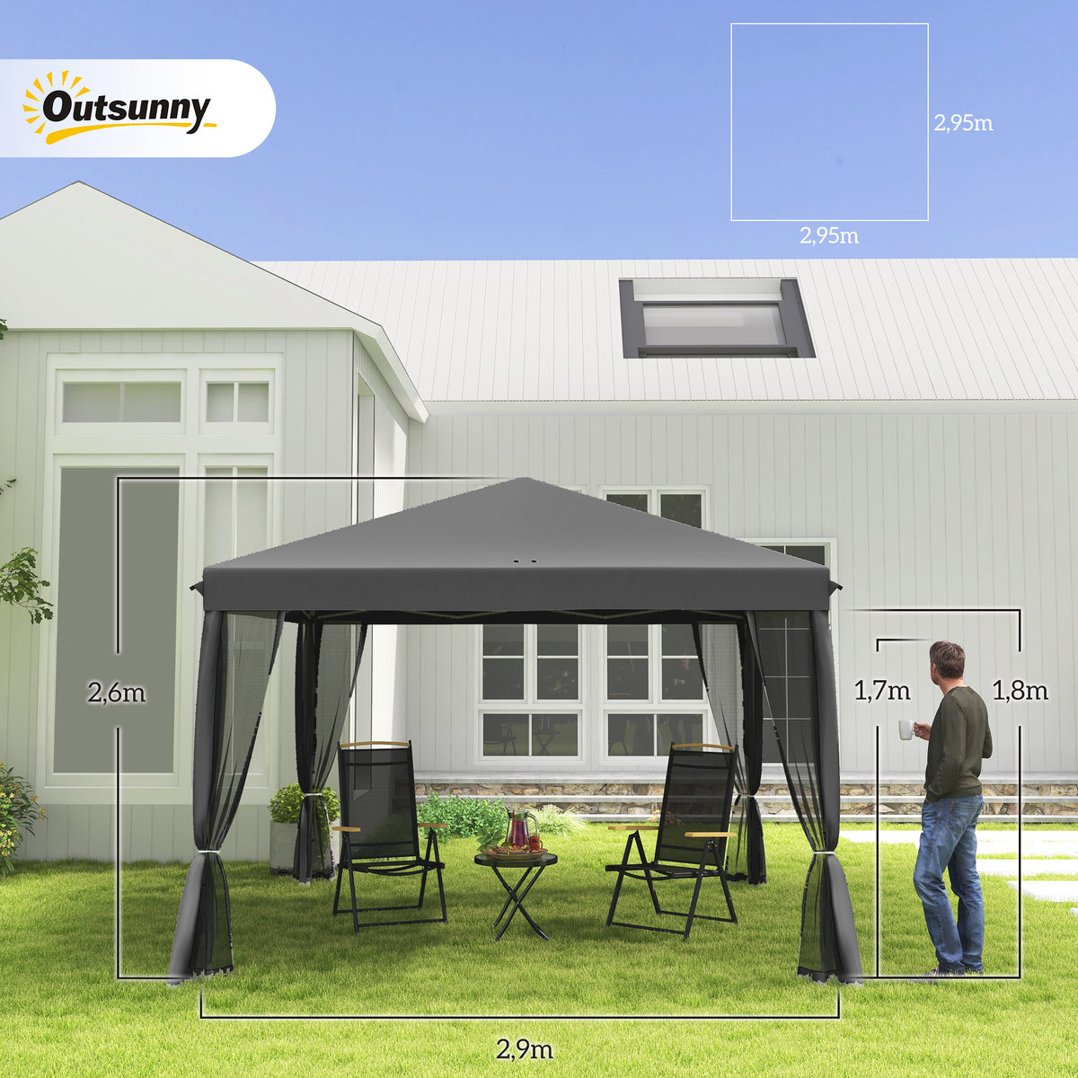 Outsunny Faltpavillon, Faltzelt mit Seitenwänden inkl. Tragetasche, Gartenpavillon, Metall, Oxfordstoff, 3 x 3 m, Hellgrau