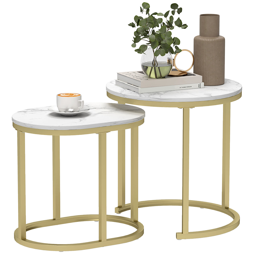 HOMCOM 2er-Set Couchtisch, Ovaler und runder Kaffeetisch, stapelbar, Marmoroptik, Stahl, Ø50 x 50,5 cm, Weiß