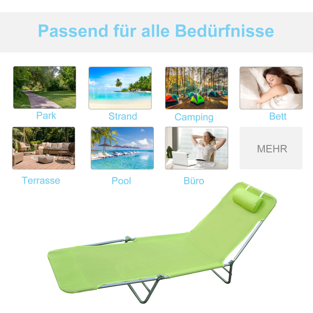 Outsunny Sonnenliege klappbar Gartenliege mit Kopfkissen Liegestuhl verstellbar mit 5-Fach Campingliege bis 120kg belastbar für Garten, Balkon und Pool geeignet, 4 Farben(Grün)
