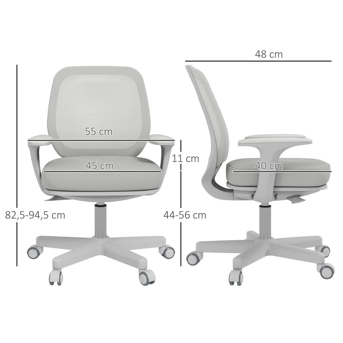 Vinsetto Bürostuhl, Ergonomisch Schreibtischstuhl mit Drehfunktion, Höhenverstellbar 55 x 48 x 82,5-94,5 cm Grau
