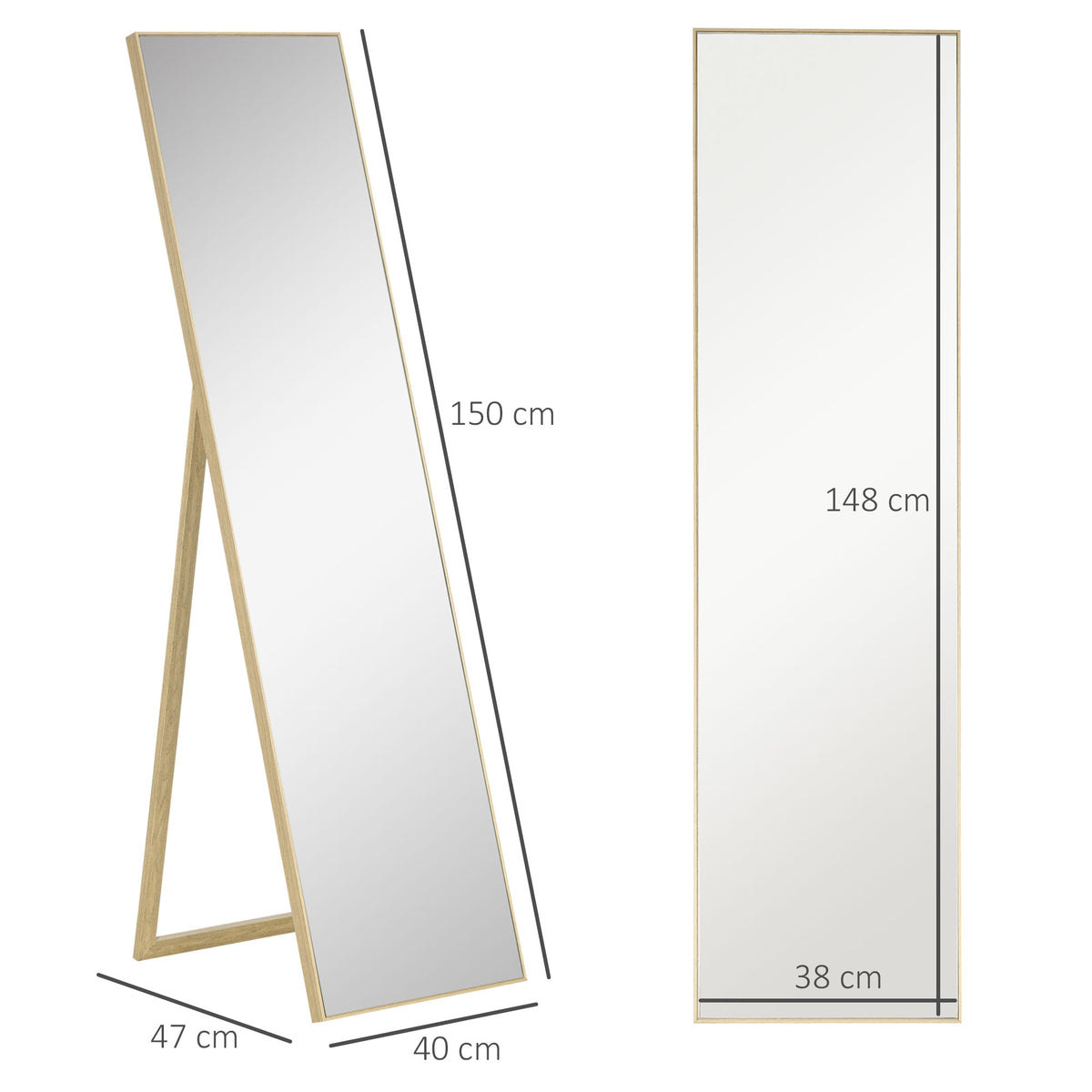HOMCOM Ganzkörperspiegel mit Ständer, freistehend, 40 cm x 150 cm, Natur