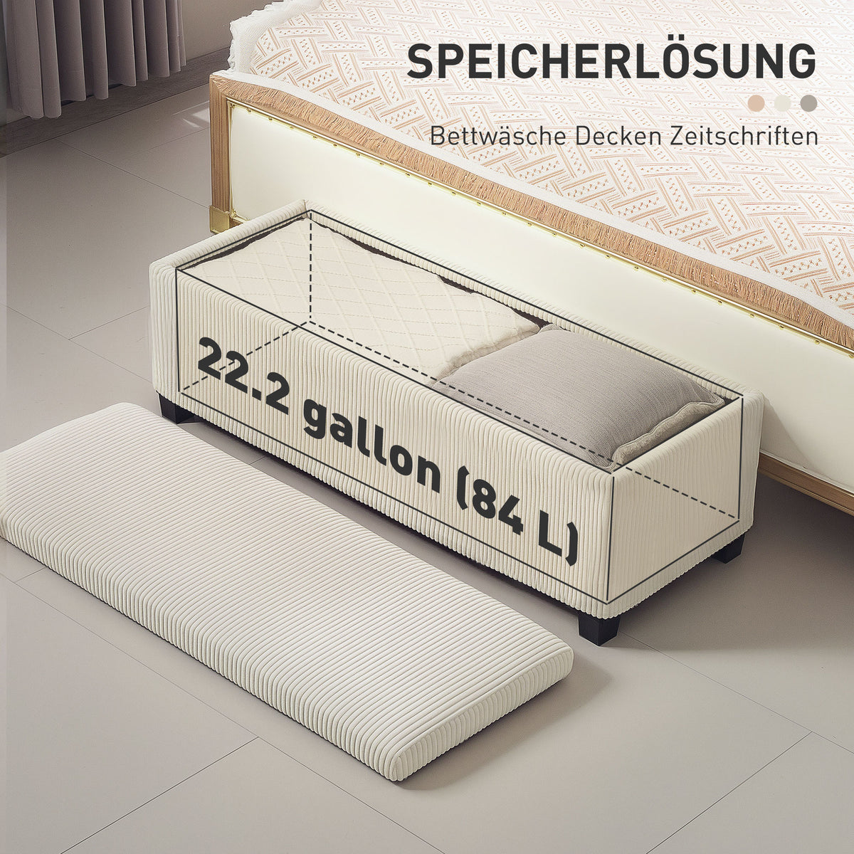 HOMCOM Sitzbank mit Stauraum, Aufbewahrungsbank, Cord-Design, Stahlrahmen, Beige