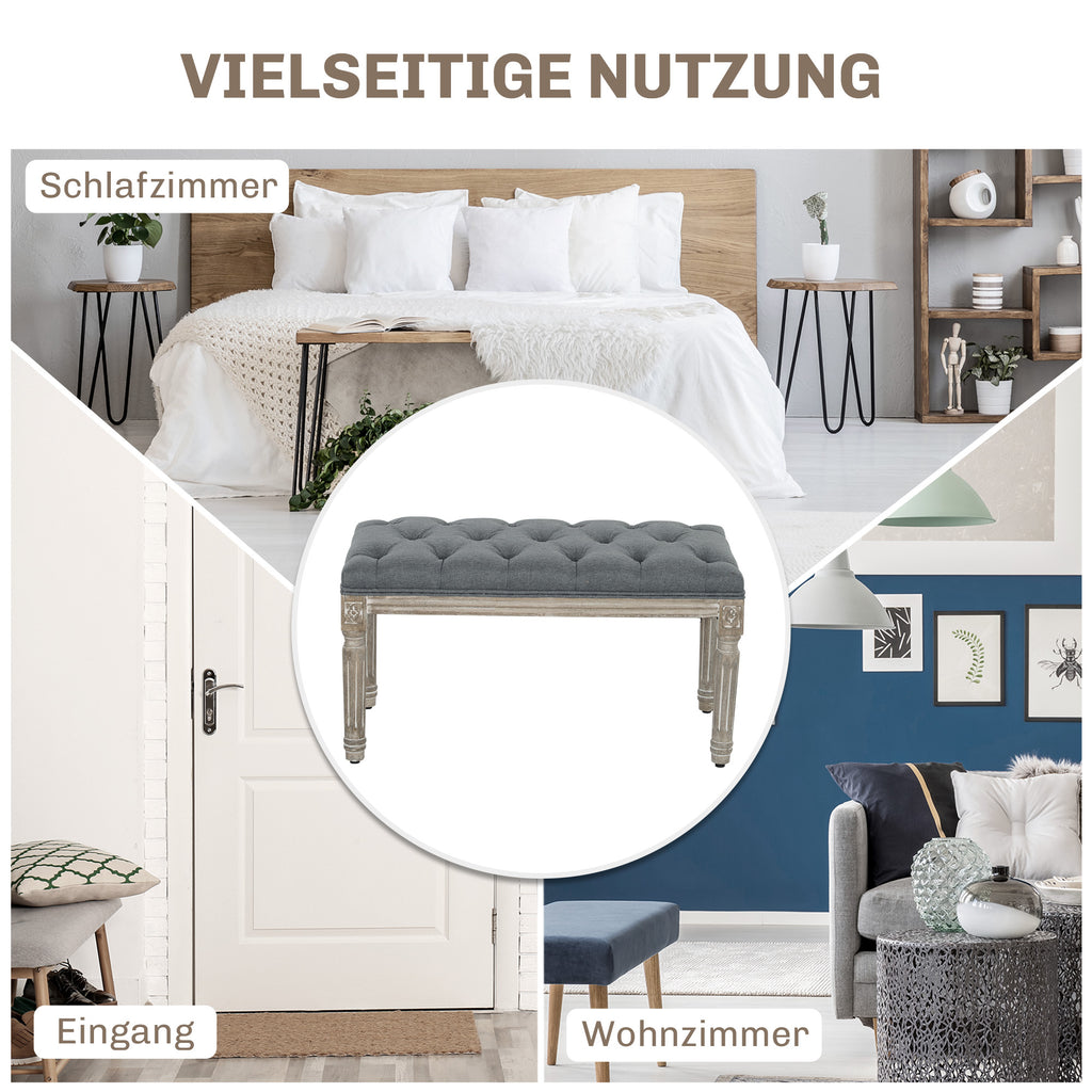 HOMCOM Polsterbank, Sitzbank, Bettbank mit Leinenoptik, Schminkbank für Flur, Diele, Schlafzimmer, Gummiholz, Grau, 81 x 41 x 41 cm