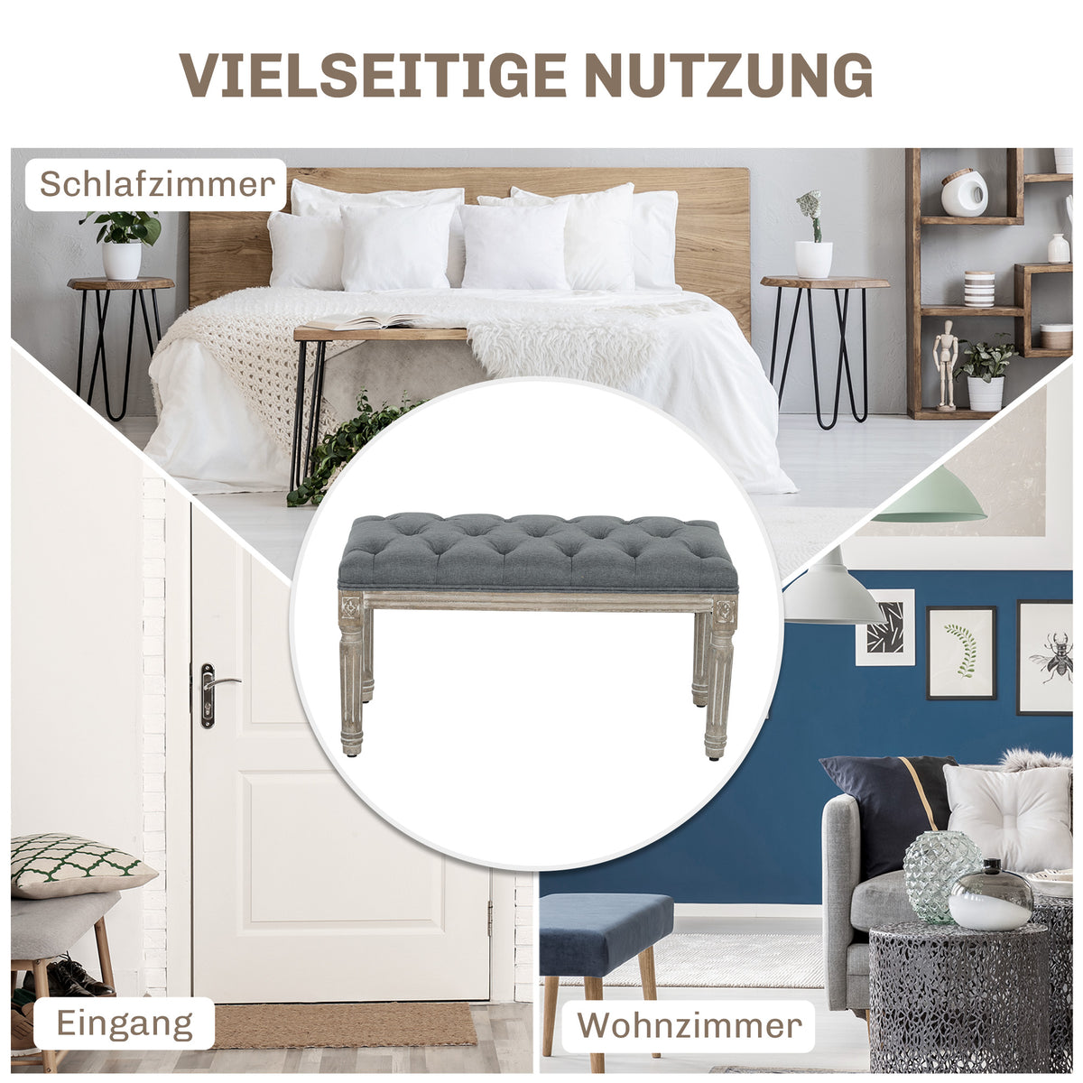HOMCOM Polsterbank, Sitzbank, Bettbank mit Leinenoptik, Schminkbank für Flur, Diele, Schlafzimmer, Gummiholz, Grau, 81 x 41 x 41 cm