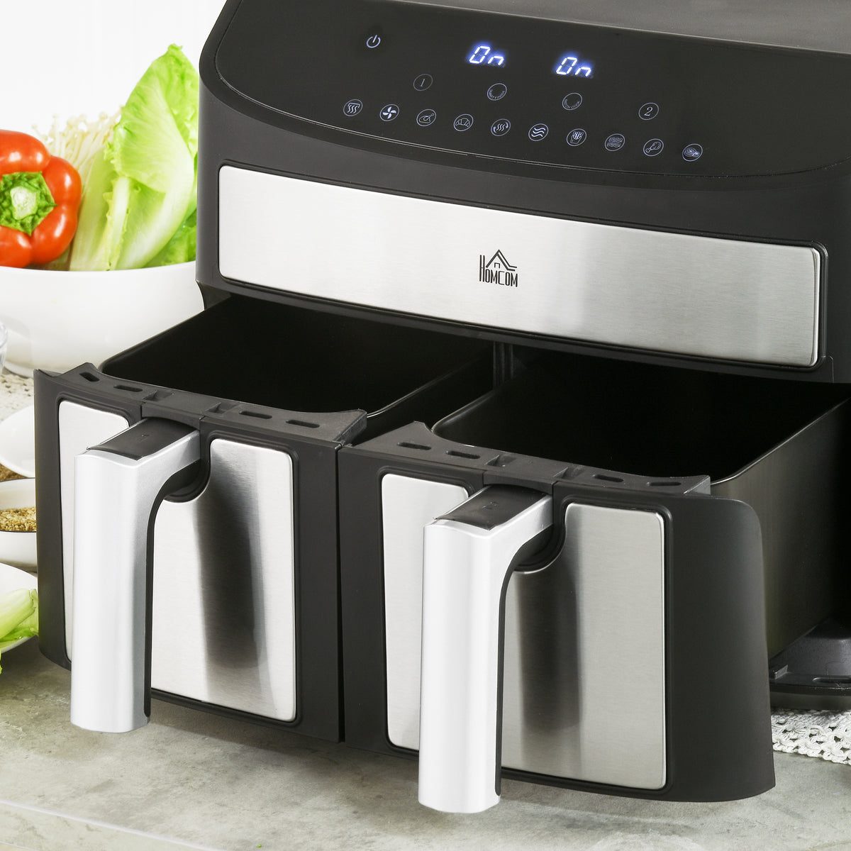 HOMCOM Heißluftfritteuse Multifunktionale Heißluftfritteuse,  8 L Fassungsvermögen, 2 Körbe, 60 min Time, Silber + Schwarz