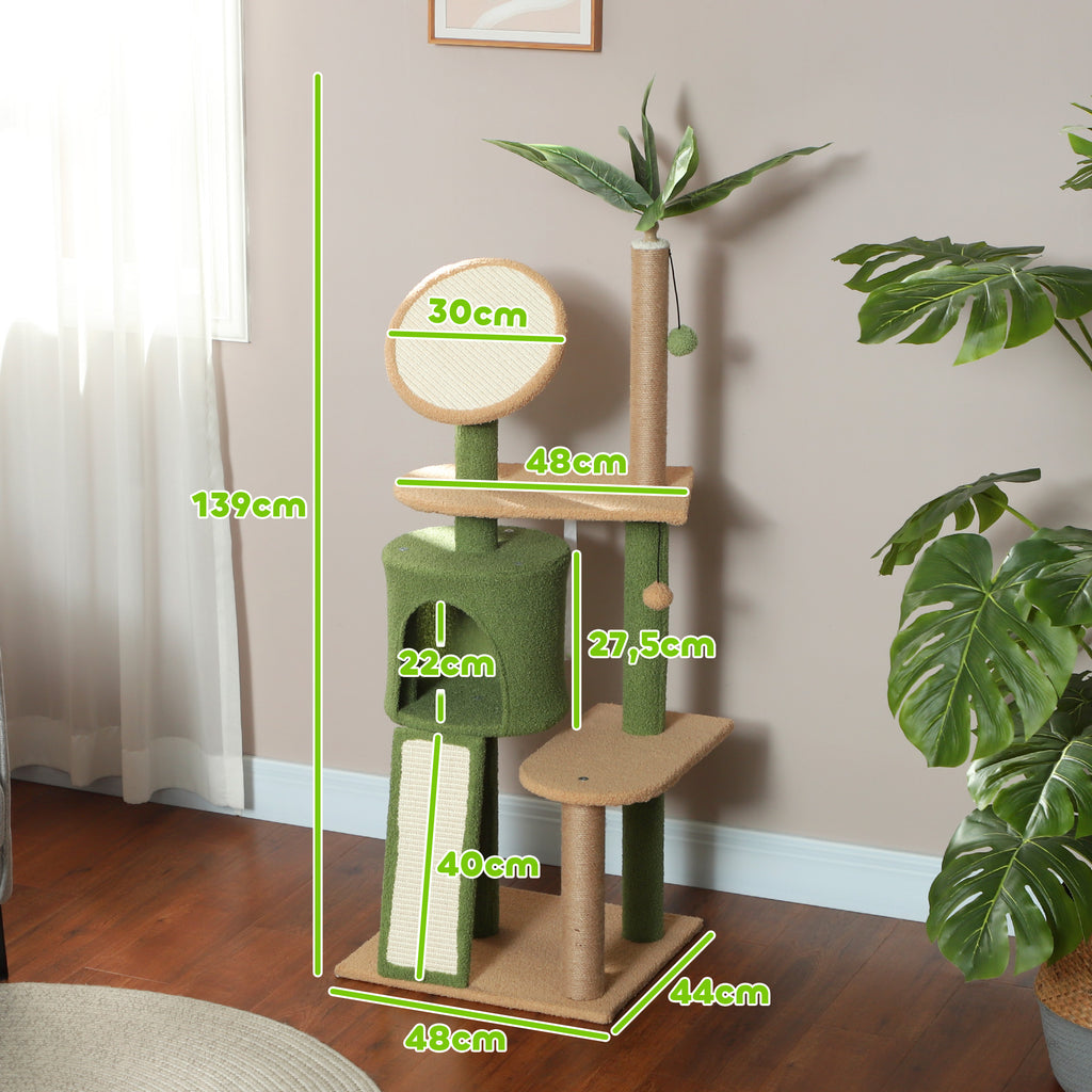 PawHut Kratzbaum, 139 cm Katzenbaum mit Höhle, Spielbällen, Sisal-Kratzpfosten und Plattformen, für zwei Katzen, Grün