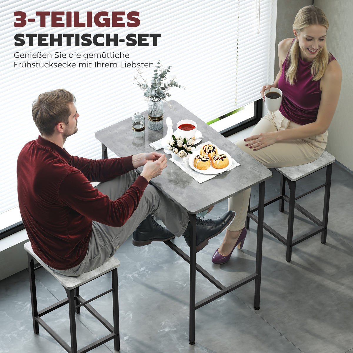 HOMCOM Bartisch Set Bartisch mit Barhocker-Set Esstisch mit 2 Stühlen mit Rutschfestem Fußpolster Grau