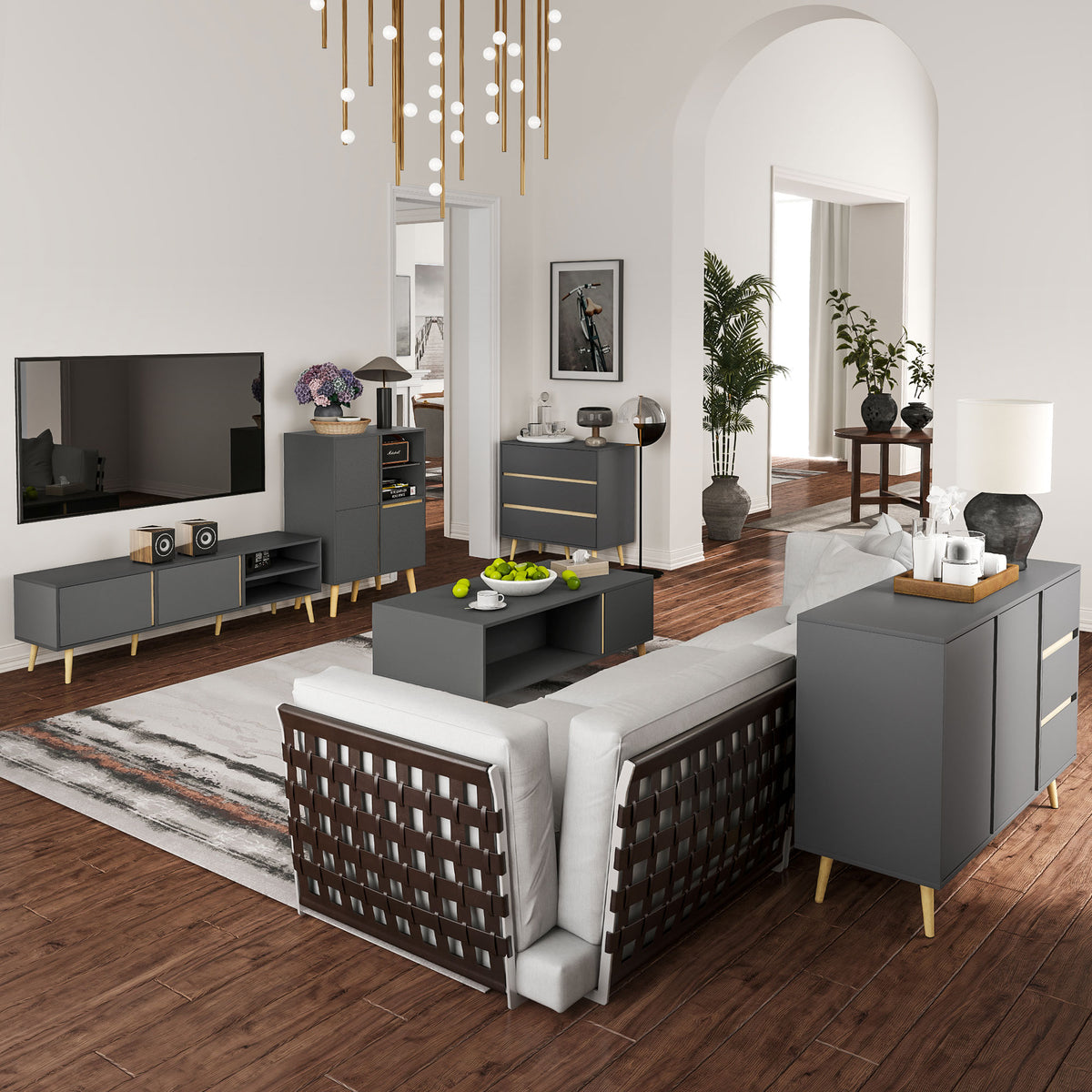 HOMCOM TV-Möbel für Fernseher bis zu 55 Zoll im skandinavischen Design mit 2 Türen 2 Nischen und Kabeldurchführungen 150 x 35 x 45 cm Dunkelgrau