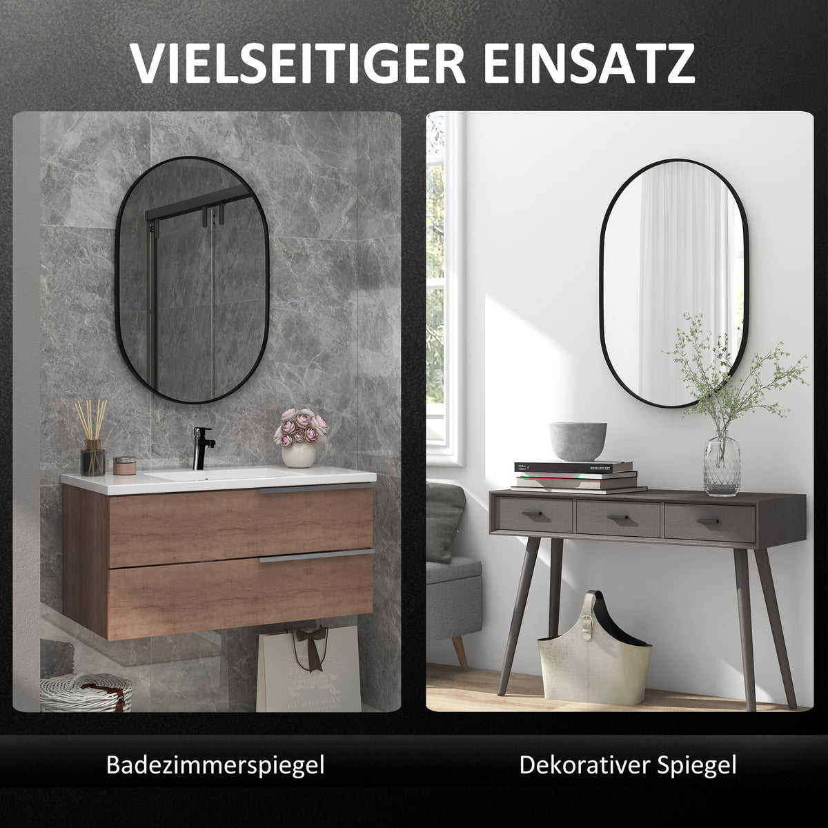 HOMCOM Badezimmerspiegel, ovale Form, horizontal/vertikal, 60L x 90B x 3H cm, Schwarz