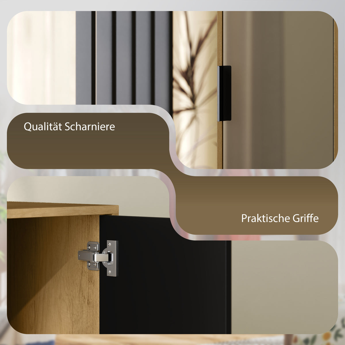 HOMCOM Kleiderschrank mit Spiegel und Hängestange, Aufbewahrungsfächer, offene Ablageflächen, Naturholz, Schwarz
