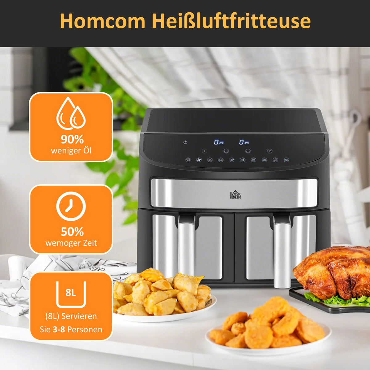 HOMCOM Heißluftfritteuse Multifunktionale Heißluftfritteuse,  8 L Fassungsvermögen, 2 Körbe, 60 min Time, Silber + Schwarz