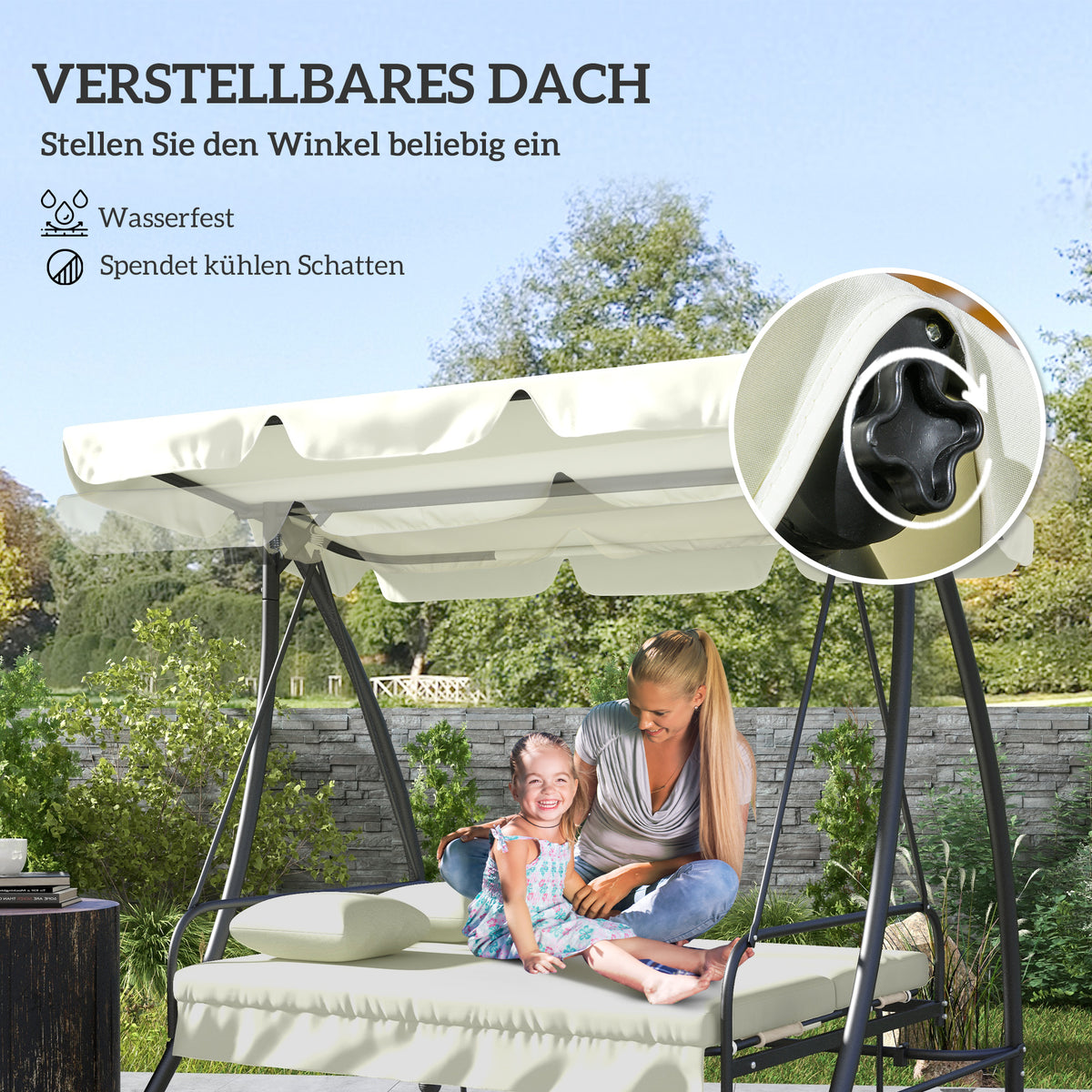 Outsunny Hollywoodschaukel, Schaukelbank mit Liege-Funktion, 3 Sitzer, Metall+Polyester, 200 x 125 x 170 cm, Weiß