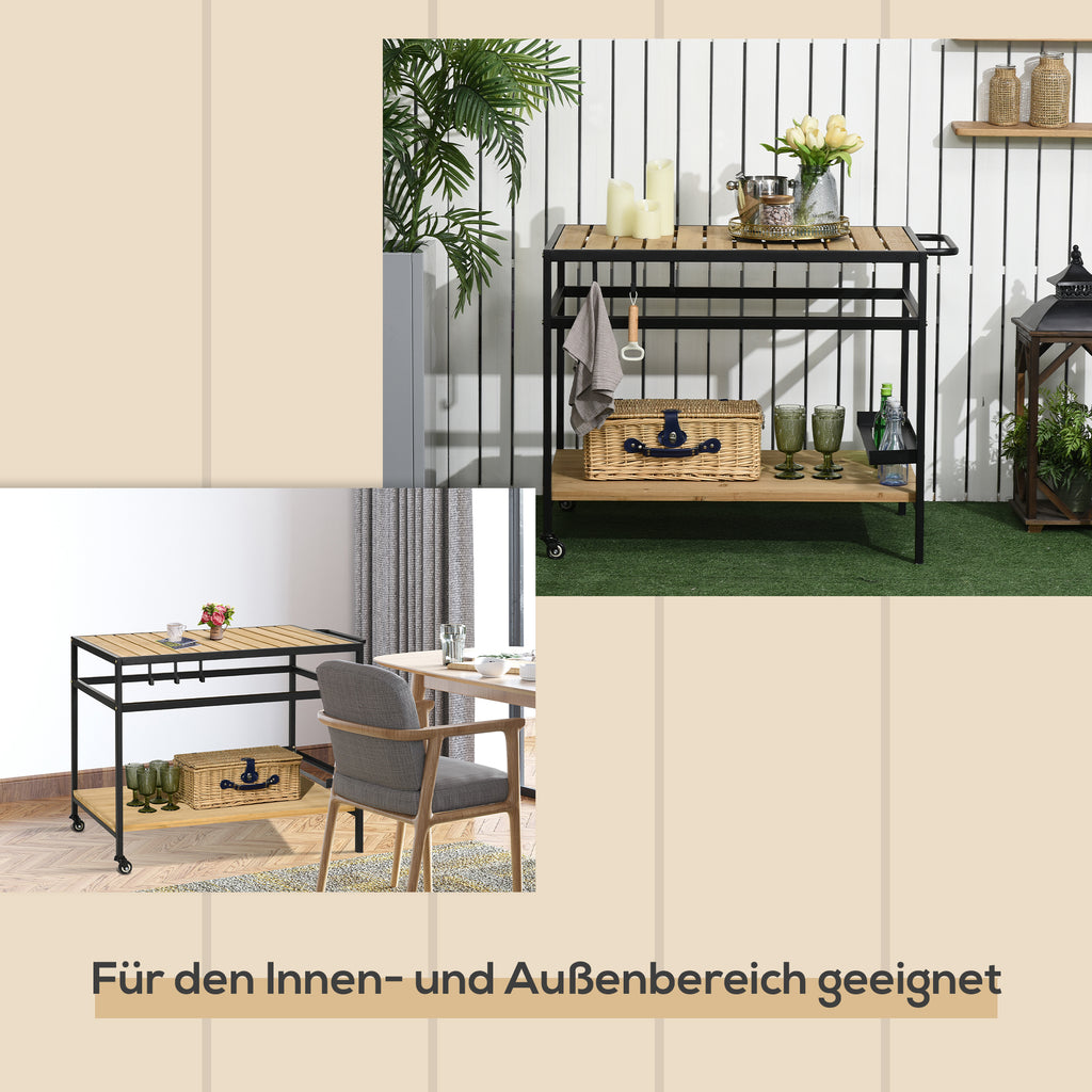 Outsunny Servierwagen im Industrie-Design, wetterbeständig, 3 Haken, 1 Regal,107 cm x 65 cm x 80 cm, Schwarz +Natur