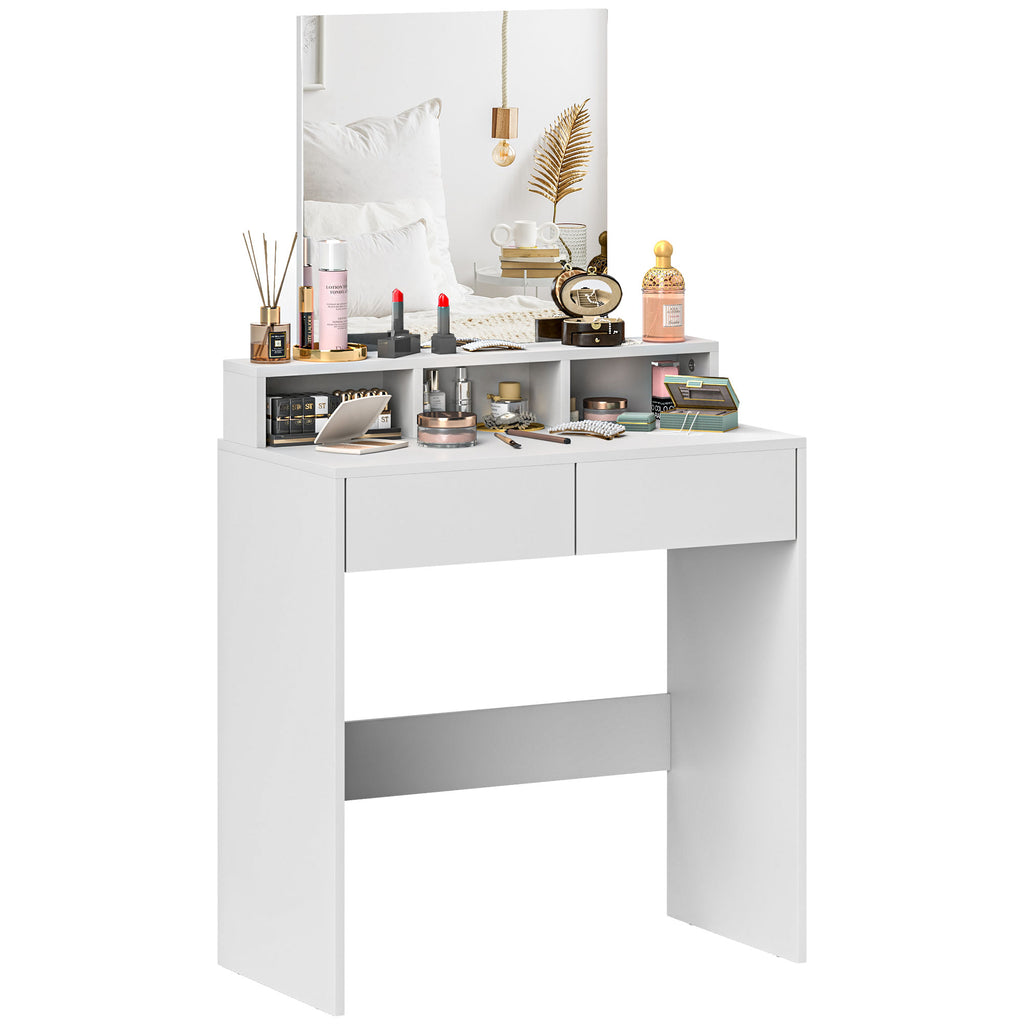 HOMCOM Schminktisch mit Spiegel, Schminktisch mit 2 Schubladen und 3 Fächern, moderner Stil, 75 x 38 x 135 cm, weiß