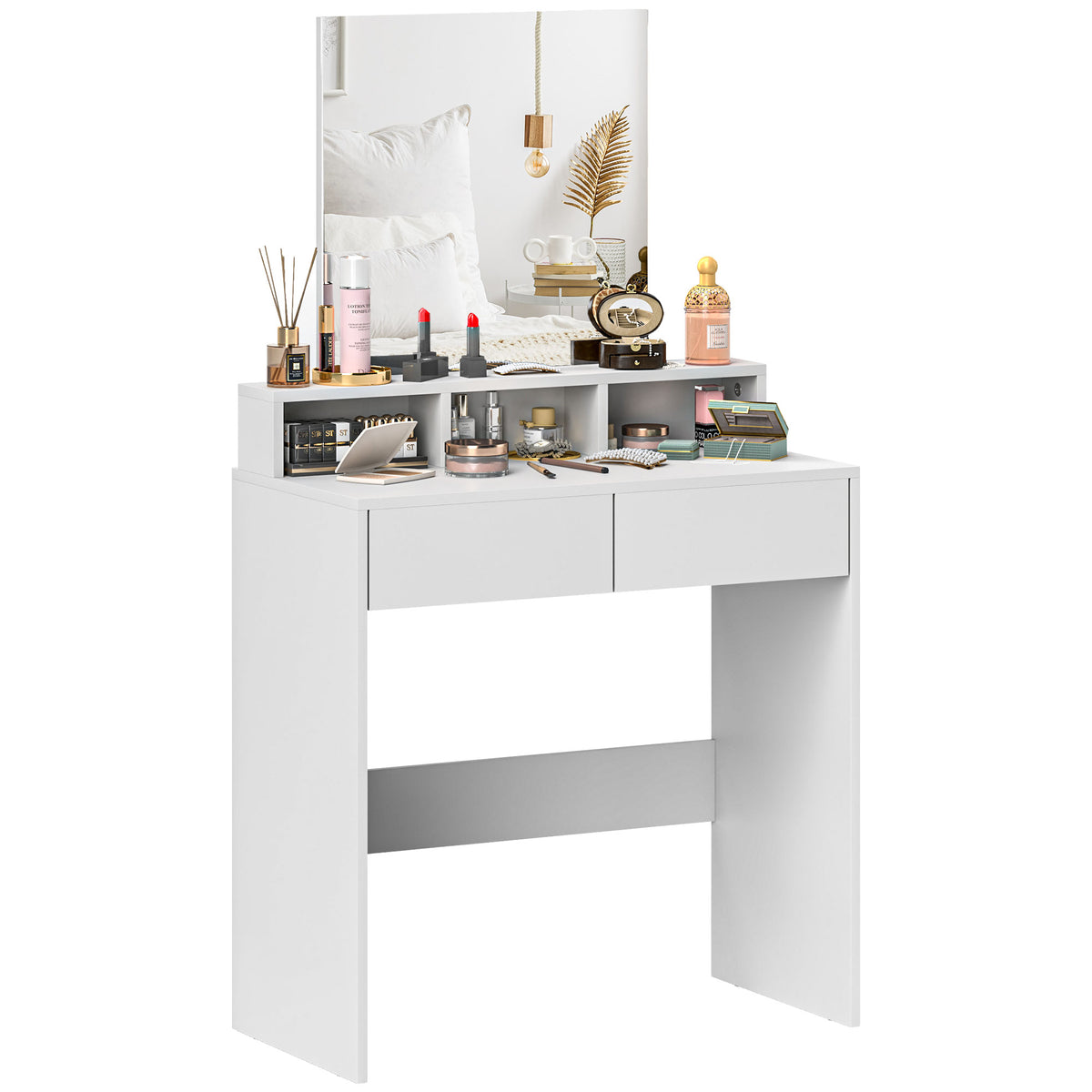 HOMCOM Schminktisch mit Spiegel, Schminktisch mit 2 Schubladen und 3 Fächern, moderner Stil, 75 x 38 x 135 cm, weiß