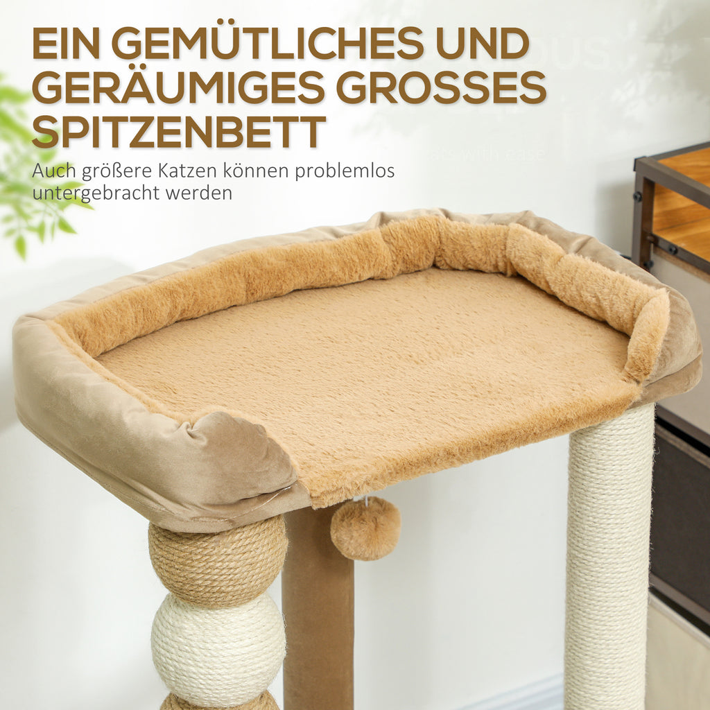 PawHut Kratzbaum mit 2 Etagen, Spielball, Kratzstämmen, Kratzkugeln, bis 7 kg, 56 x 54 x 86 cm, Braun