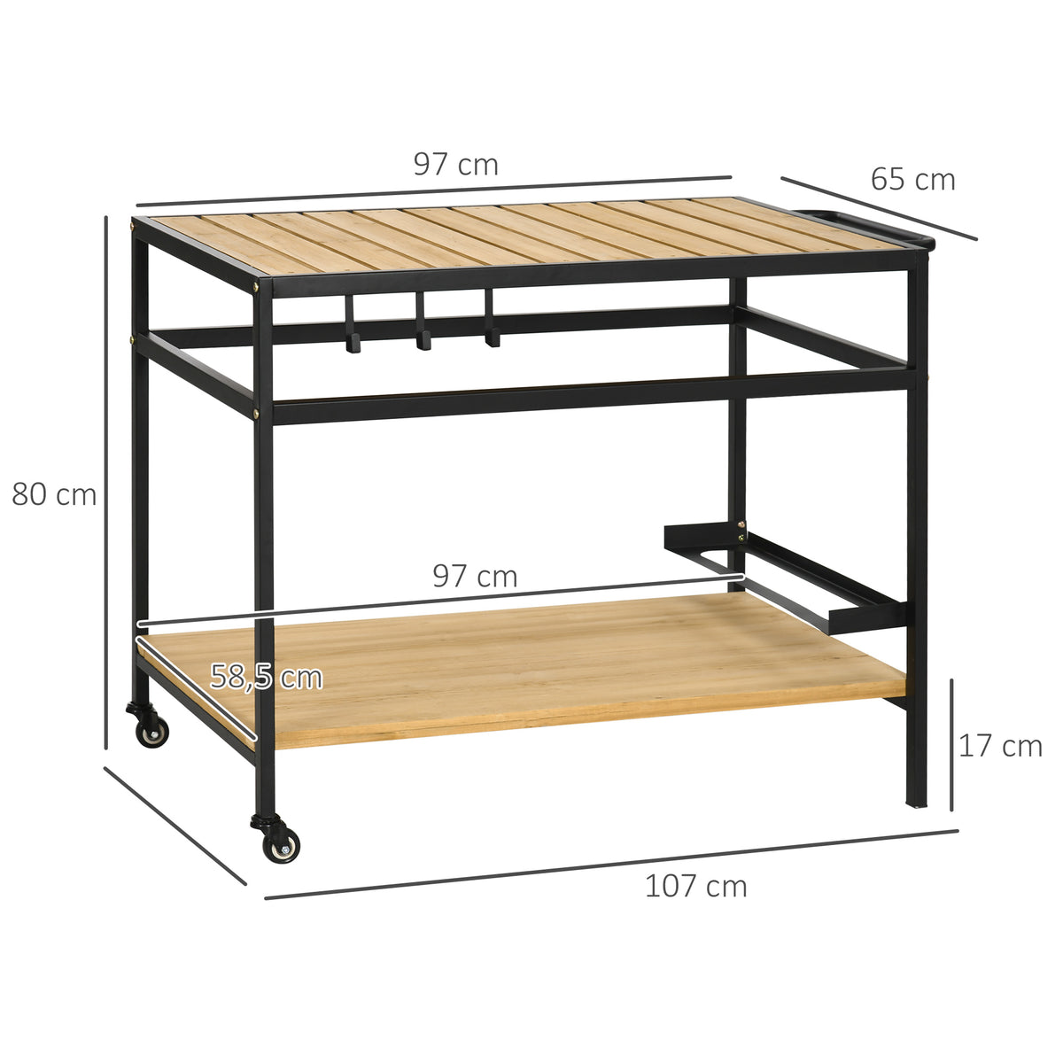 Outsunny Servierwagen im Industrie-Design, wetterbeständig, 3 Haken, 1 Regal,107 cm x 65 cm x 80 cm, Schwarz +Natur