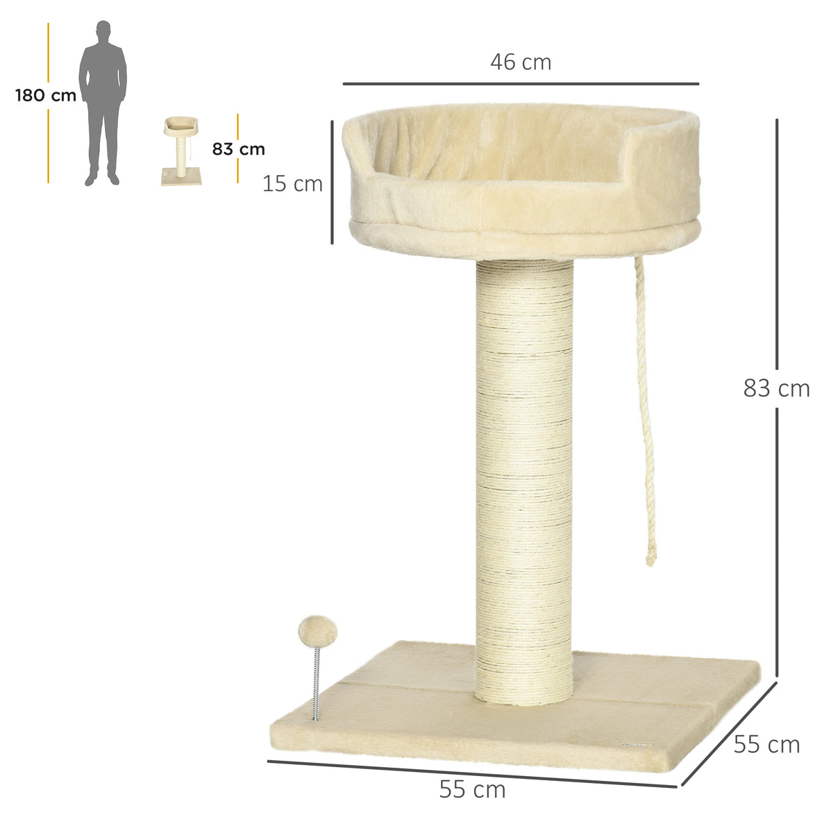 PawHut Kratzbaum Katzenbaum Katzenbett, 1 Katzenbett, inkl. Katzenspielzeug, 55 cm x 55 cm x 83 cm, Beige